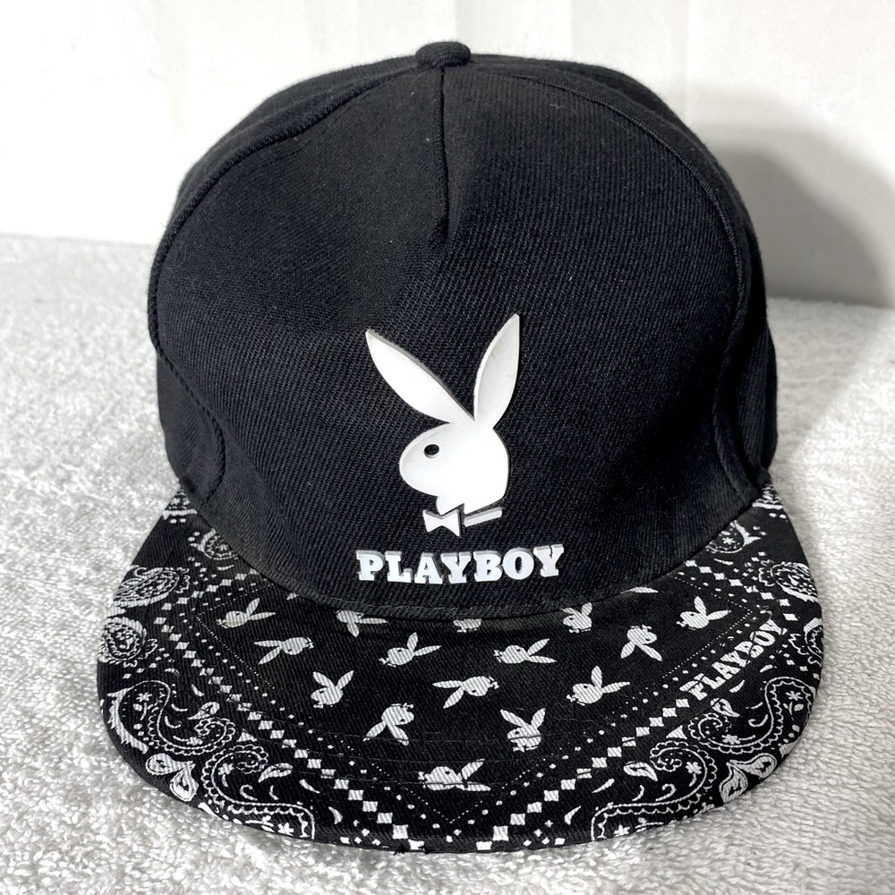 Playboy Black White Bandana Print Snap Back Hat W Playboy Bunny